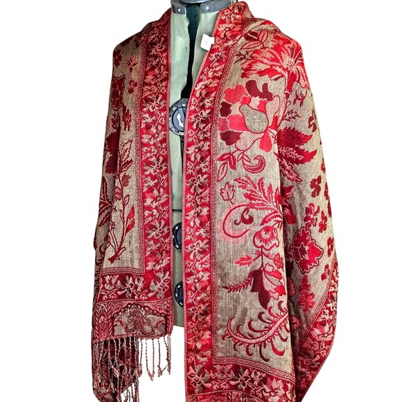 Woman's red/brick red cottagecore autumn floral reversable fringe shawl wrap OS - Picture 2 of 9